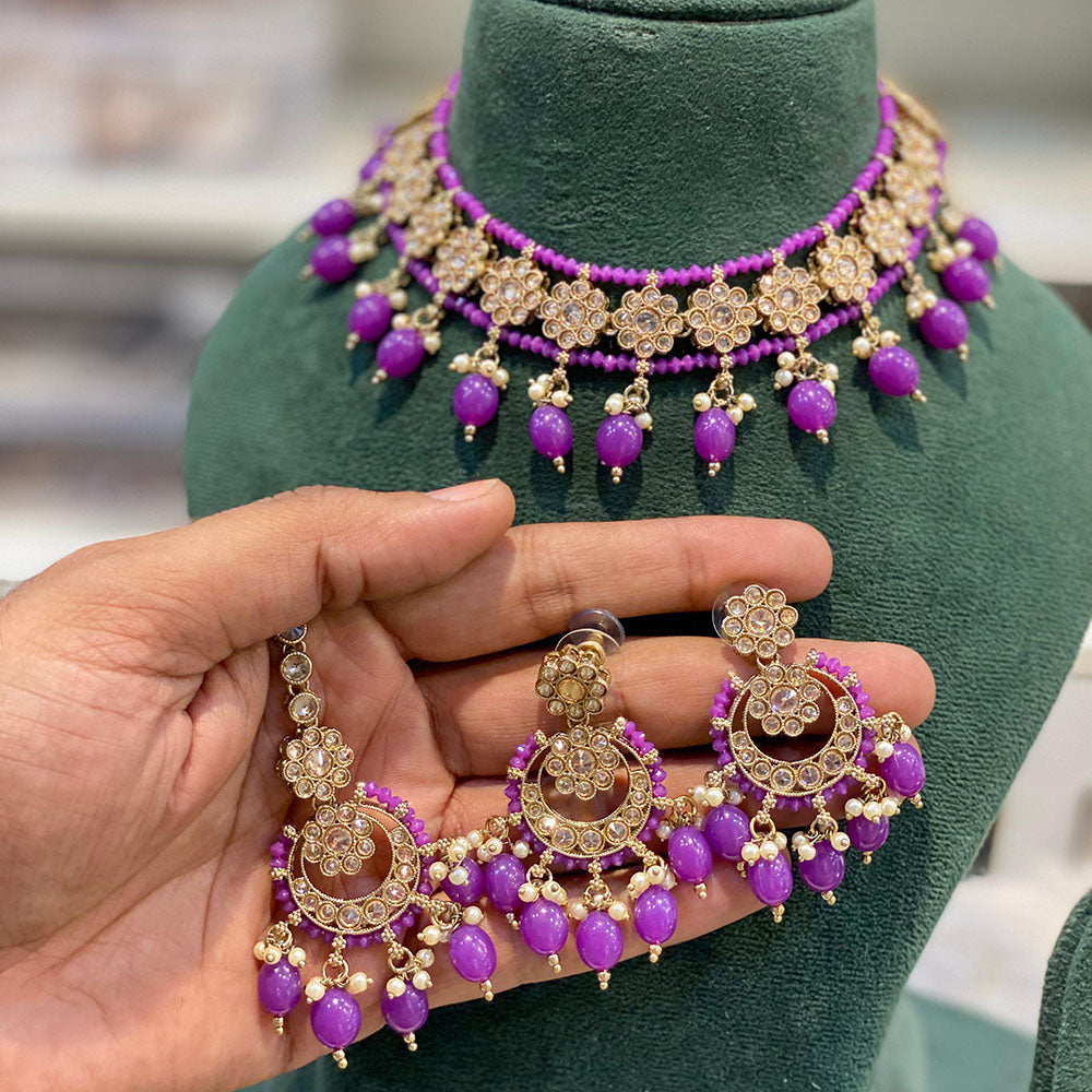 Hira Collections Crystal Stone And Beads Choker Necklace Set
