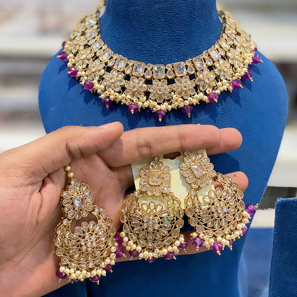 Hira Collections Crystal Stone And Beads Choker Necklace Set