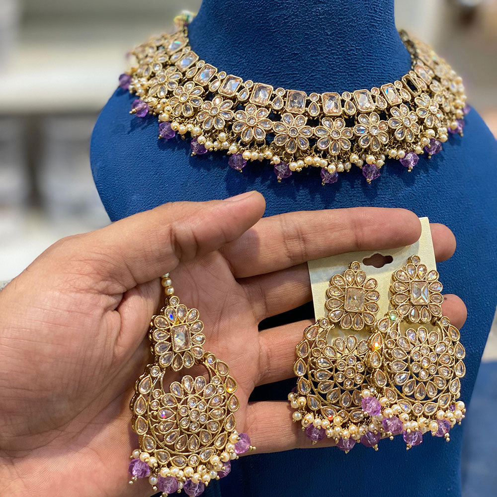 Hira Collections Crystal Stone And Beads Choker Necklace Set
