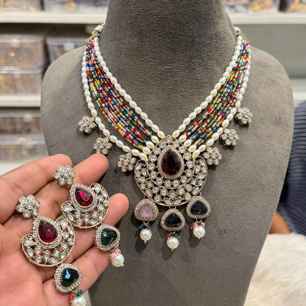 Hira Collections Traditional Kundan Stone Pearl And Beaded Necklace Set