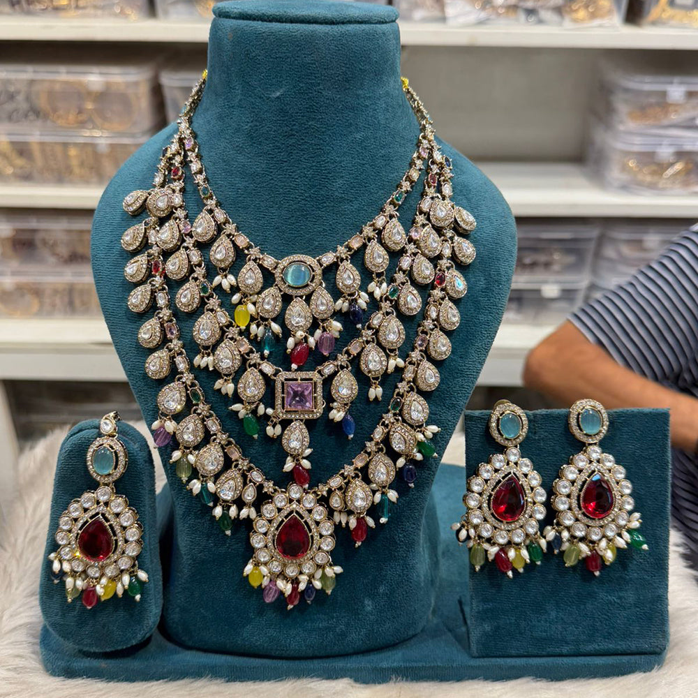Hira Collections Elegant Pota Stone Pearl And Beads Multi Layered Long Necklace Set