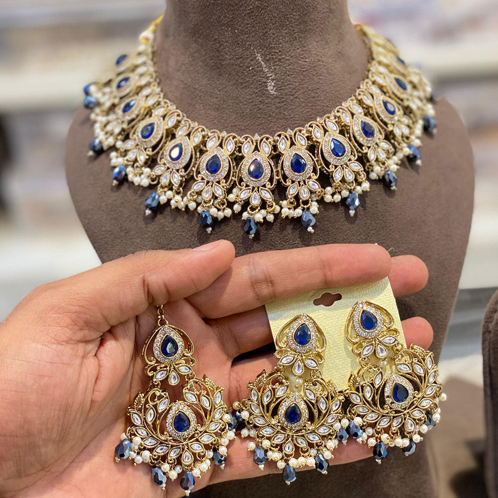 Hira Collections Crystal Stone Pearl And Beads Choker Necklace Set