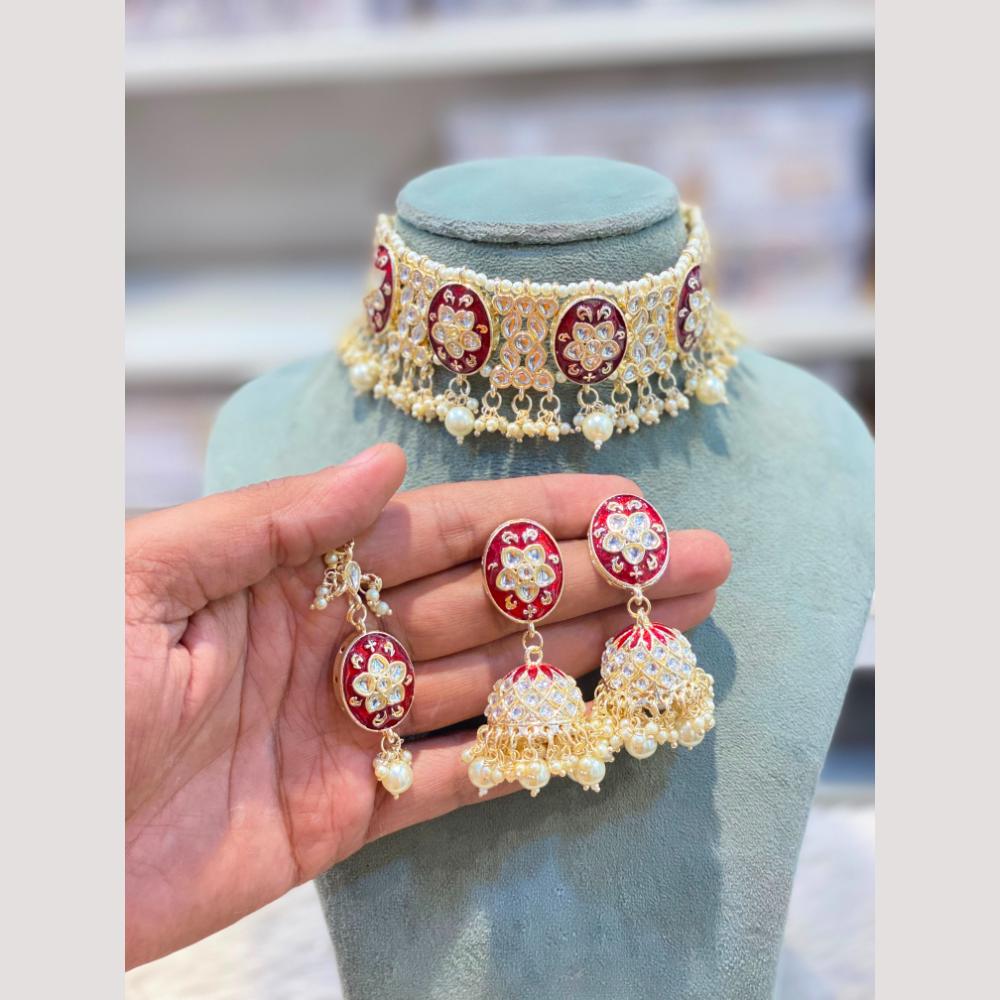 Hira Collection Premium Kundan Stone And Pearl Meenakari Choker Necklace Set