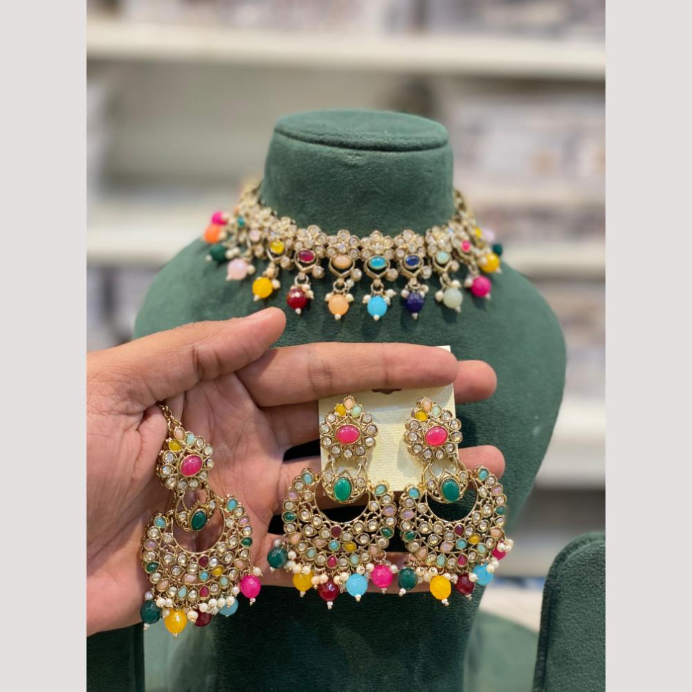 Hira Collection Premium Crystal Stone And Pearl Choker Necklace Set