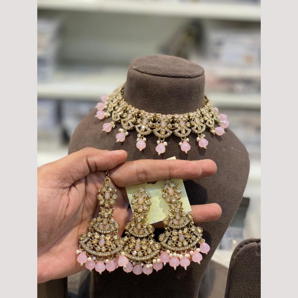 Hira Collection Premium Crystal Stone And Pearl Choker Necklace Set