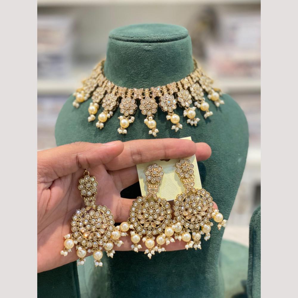 Hira Collection Premium Crystal Stone And Pearl Choker Necklace Set