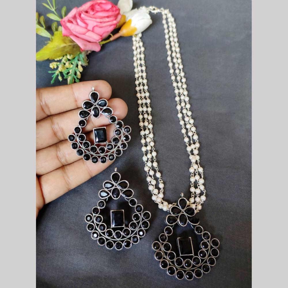 Hira Collections Exclusive Oxidised Pota Stone Pearl Long Necklace Set for Women