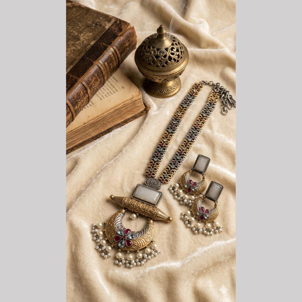 Hira Collections Exclusive 2 Tone Pota Stone Pearl Long Necklace Set for Women