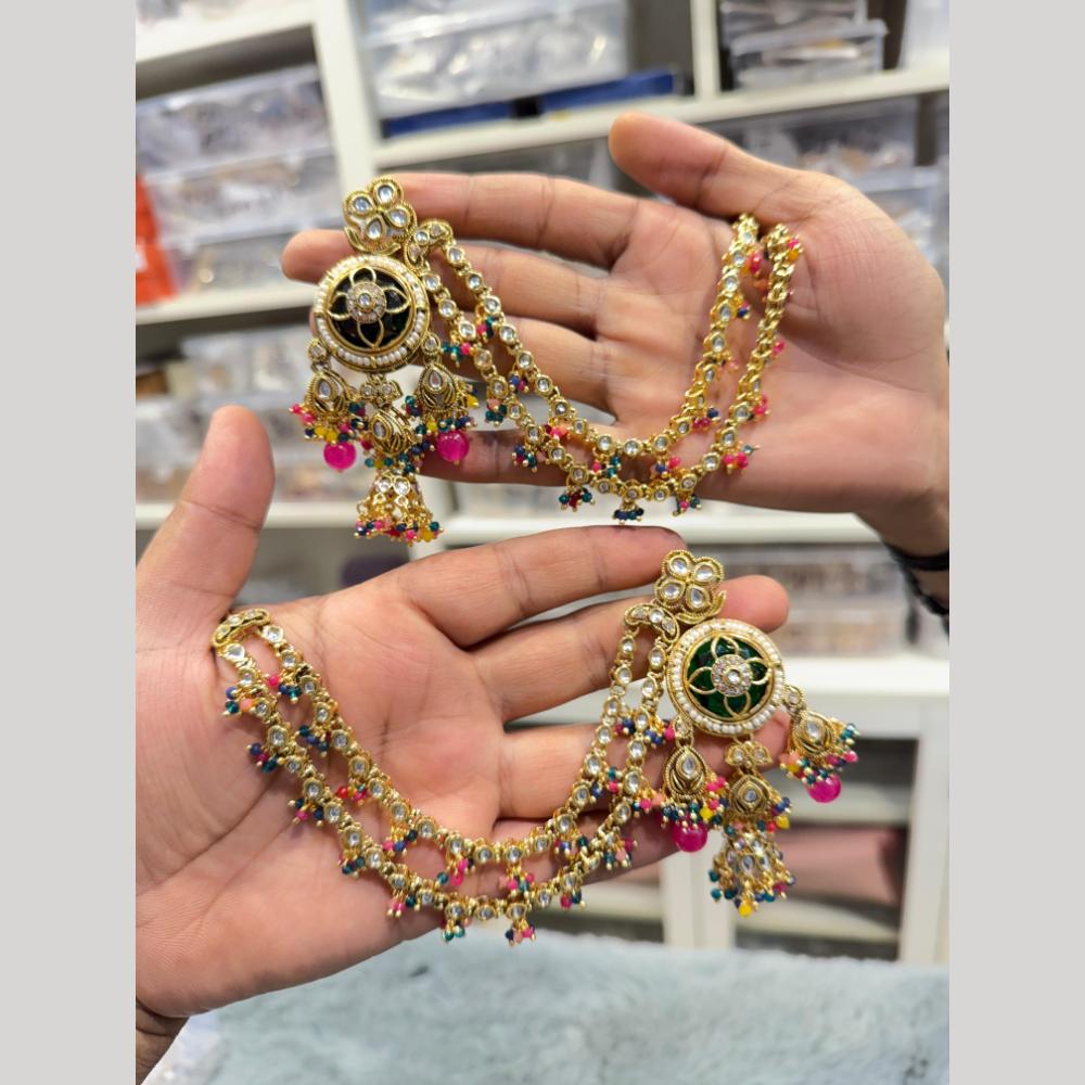 Hira Collections Heritage Kundan Stone And Pearl Kan Chian Jhumki Earrings