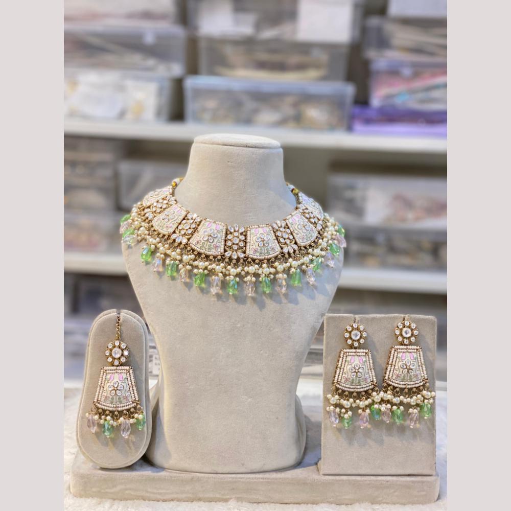 Hira Collections Premium Kundan Stone And Pearl Meenakari Choker Necklace Set