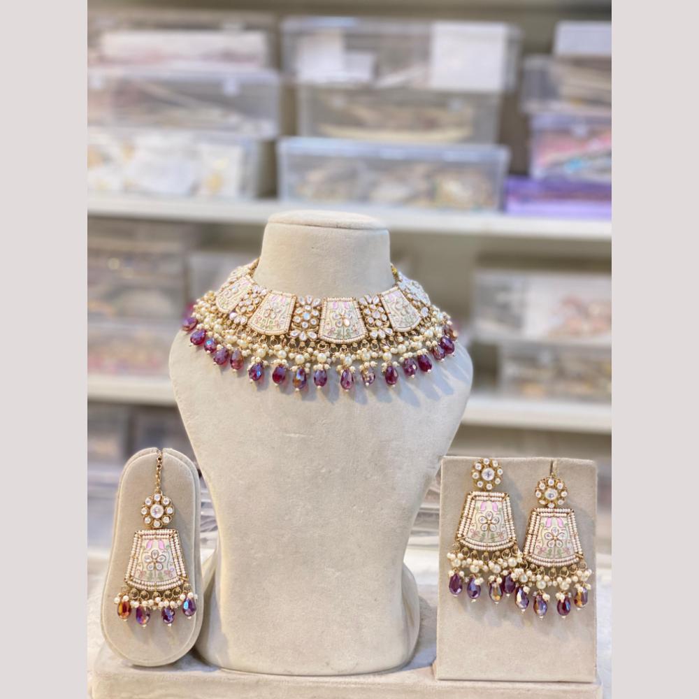 Hira Collections Premium Kundan Stone And Pearl Meenakari Choker Necklace Set