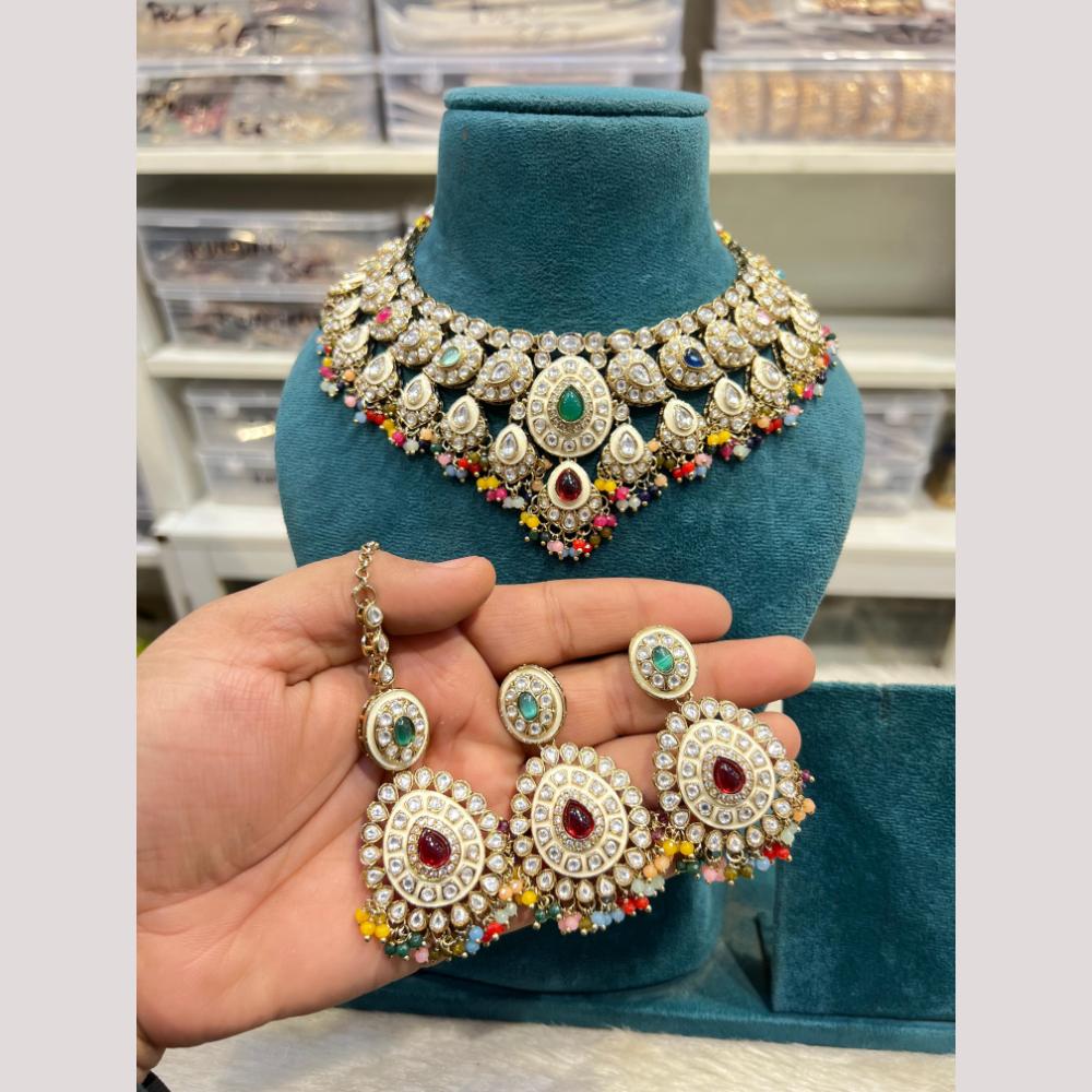 Hira Collections Premium Kundan Stone And Pearl Meenakari Choker Necklace Set