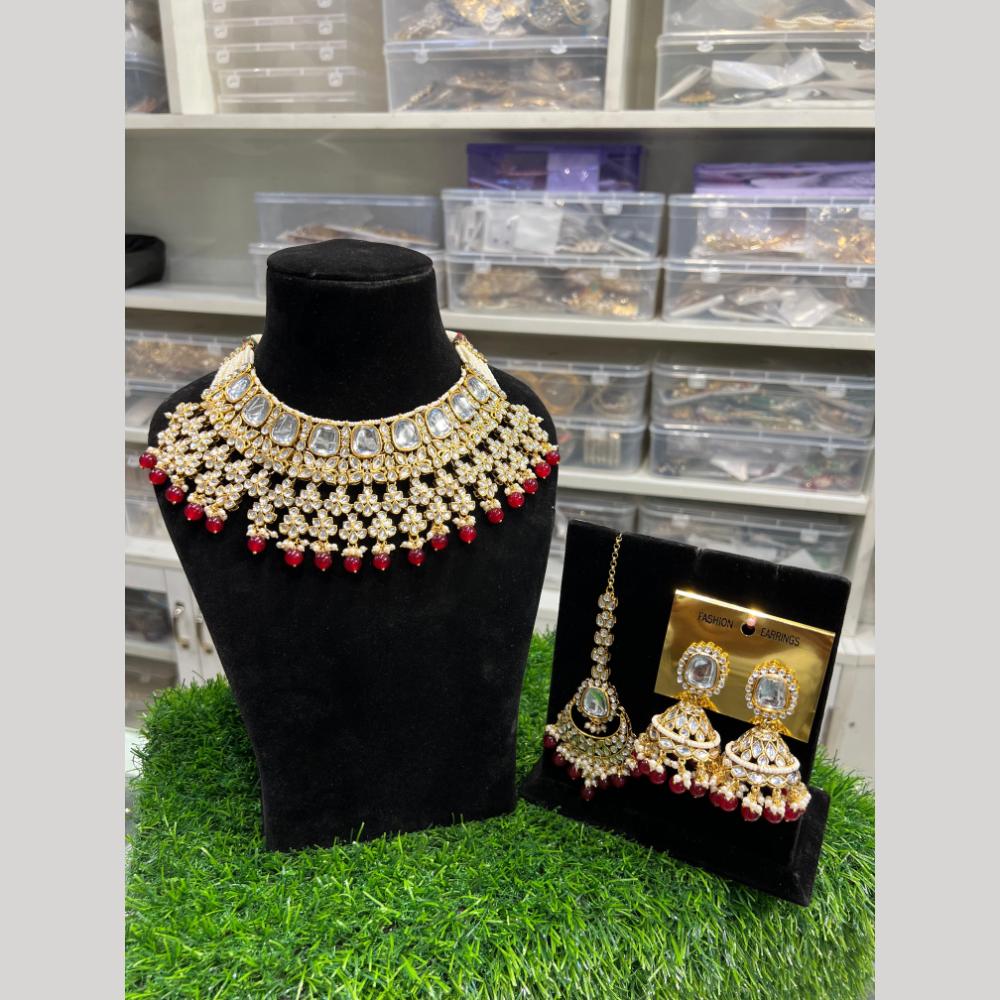 Hira Collections Premium Kundan Stone Beads And Pearl Choker Necklace Set