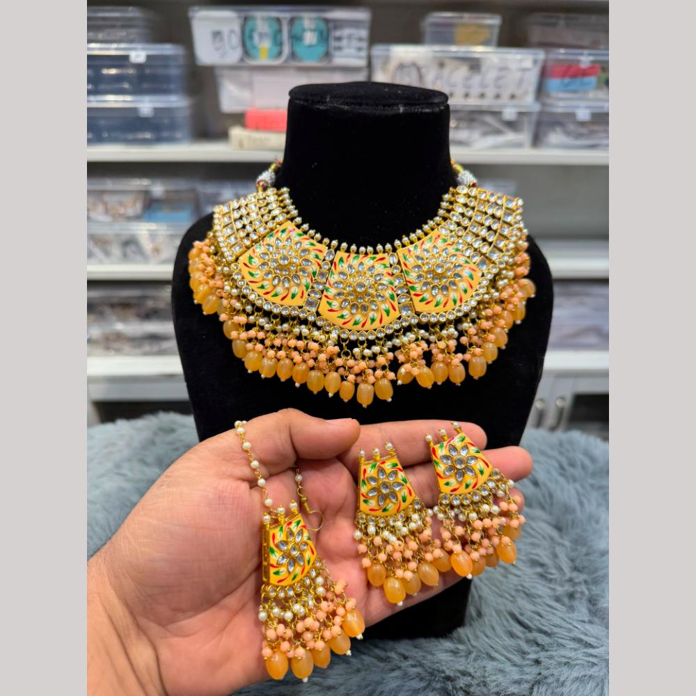 Hira Collections Luxury Kundan Stone Pearl And Beads Meenakari Choker Necklace Set