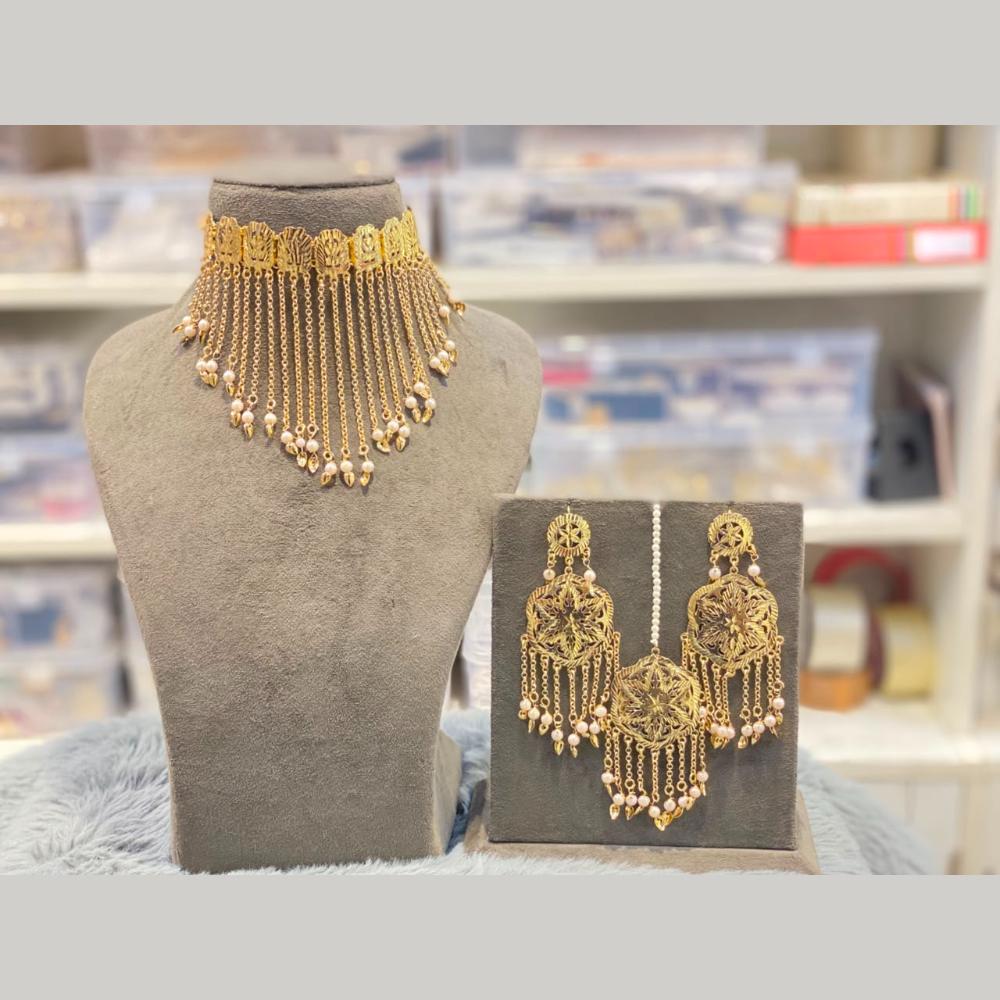 Hira Collections Traditional Gold Finish Pearl Choker Necklace Jewellery Set