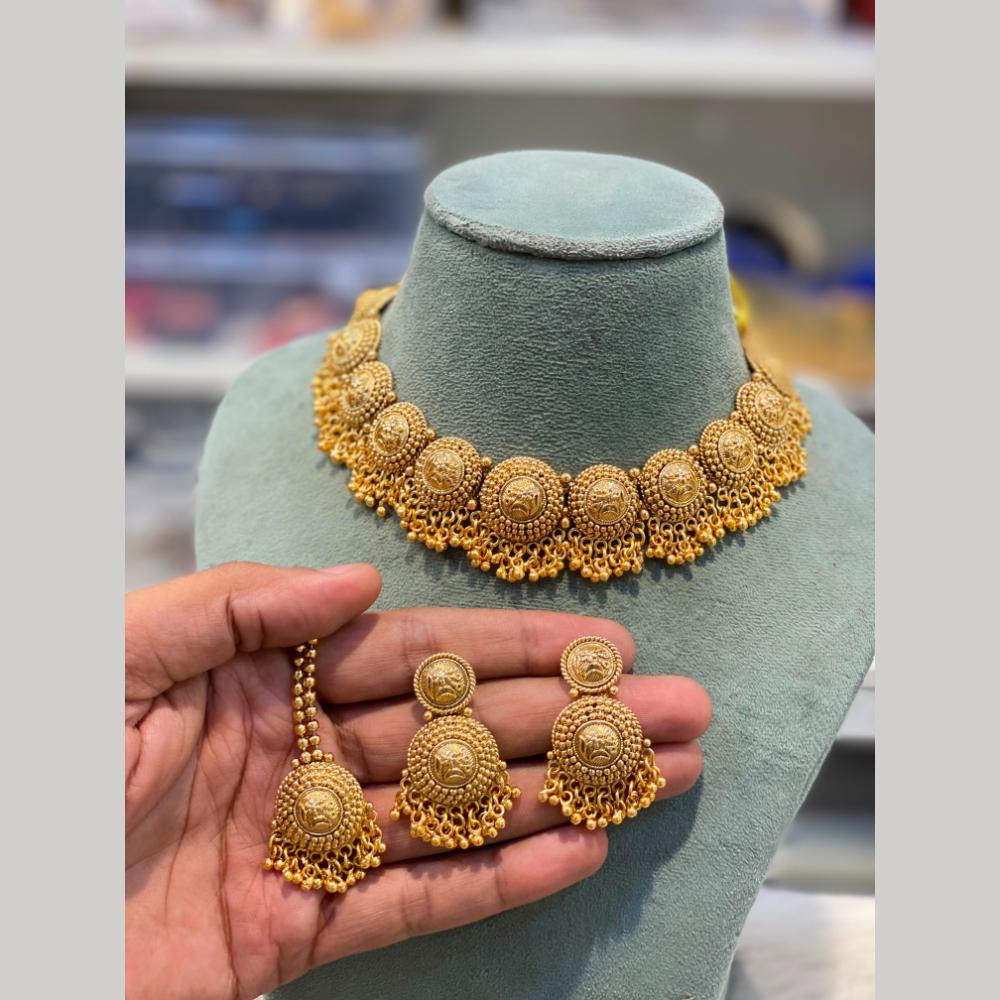 Hira Collections Traditional Gold Finish Pearl Choker Necklace Jewellery Set
