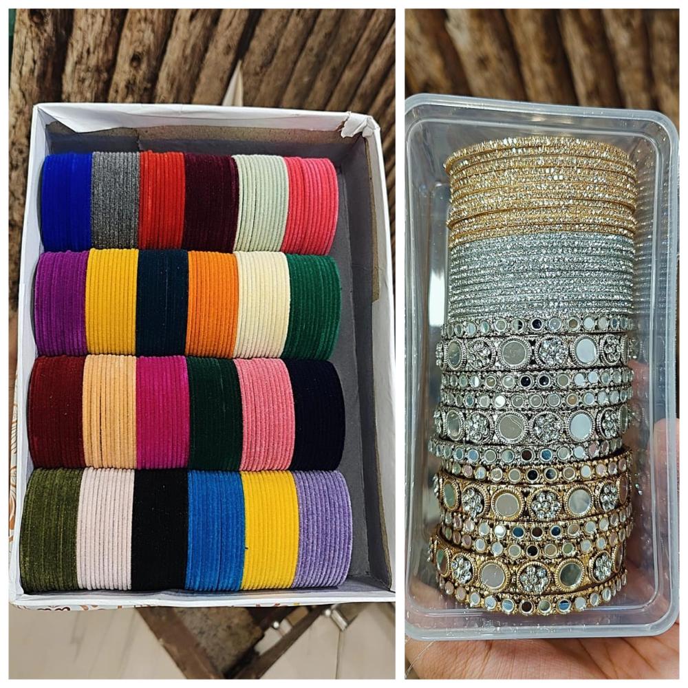 Hira Collections Fashionable Mirror And Austrian Stone Velvet Bangles Set
