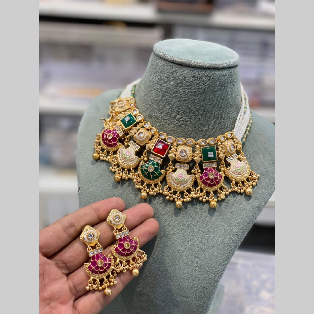Hira Collections Traditional Indian Pota Stone And Pearl Meenakari Choker Necklace Set