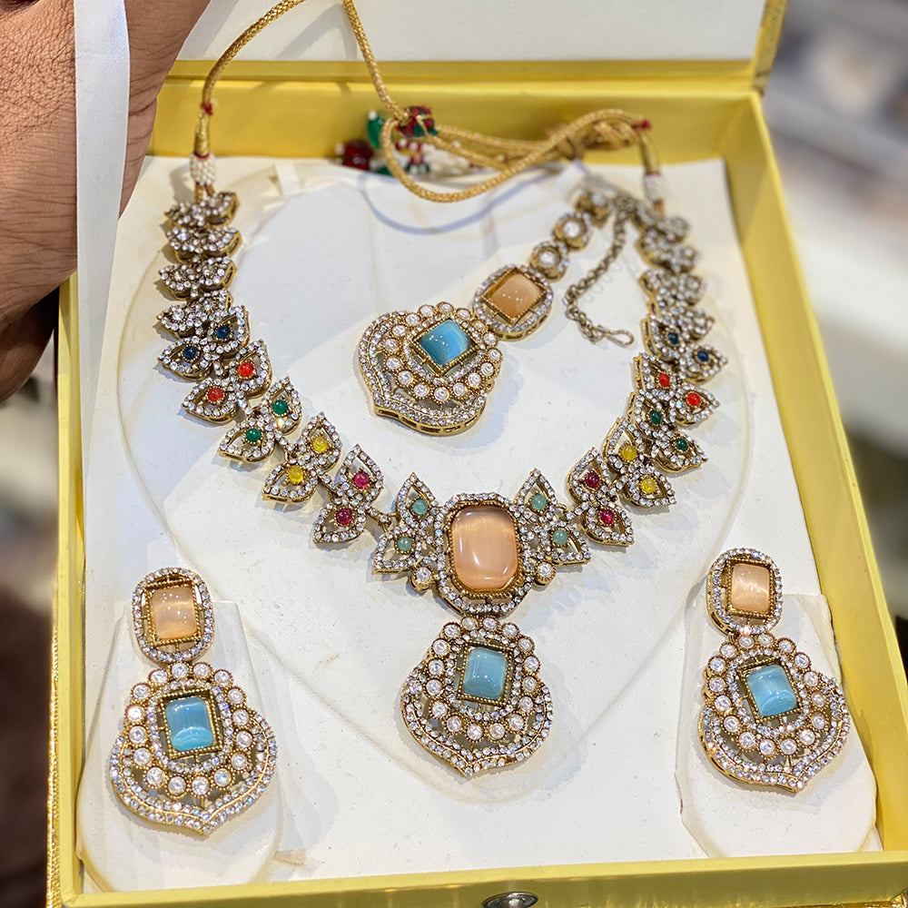 Hira Collections Delicate Pota Stone And Austrian Stone Necklace Set
