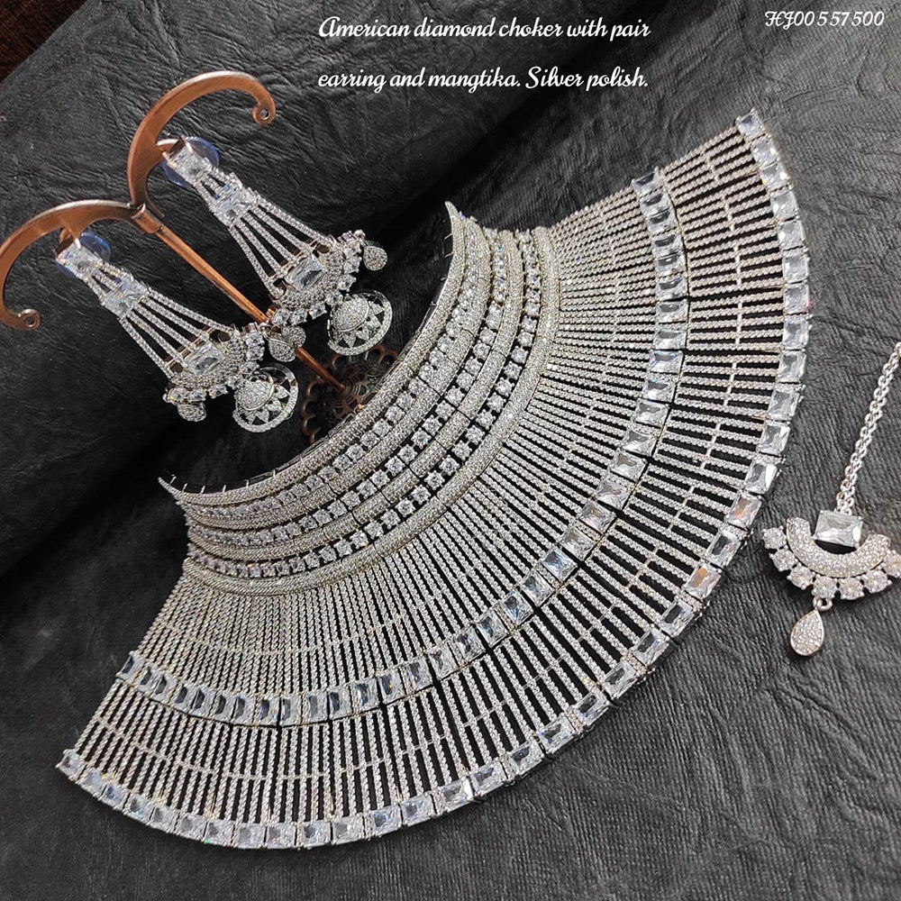Heera Jewellers AD Stone Silver Plated Choker Necklace Set
