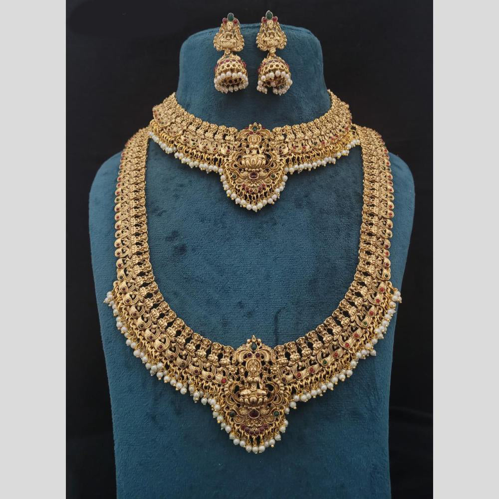 GirlSight Gold Plated Pota Stone And Pearls Temple Double Necklace Set