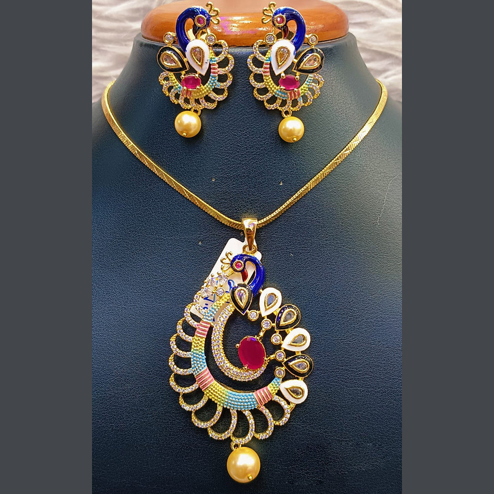 Jain Jewellers Gold Plated AD Stone And Meenakari Chain Pendant Set