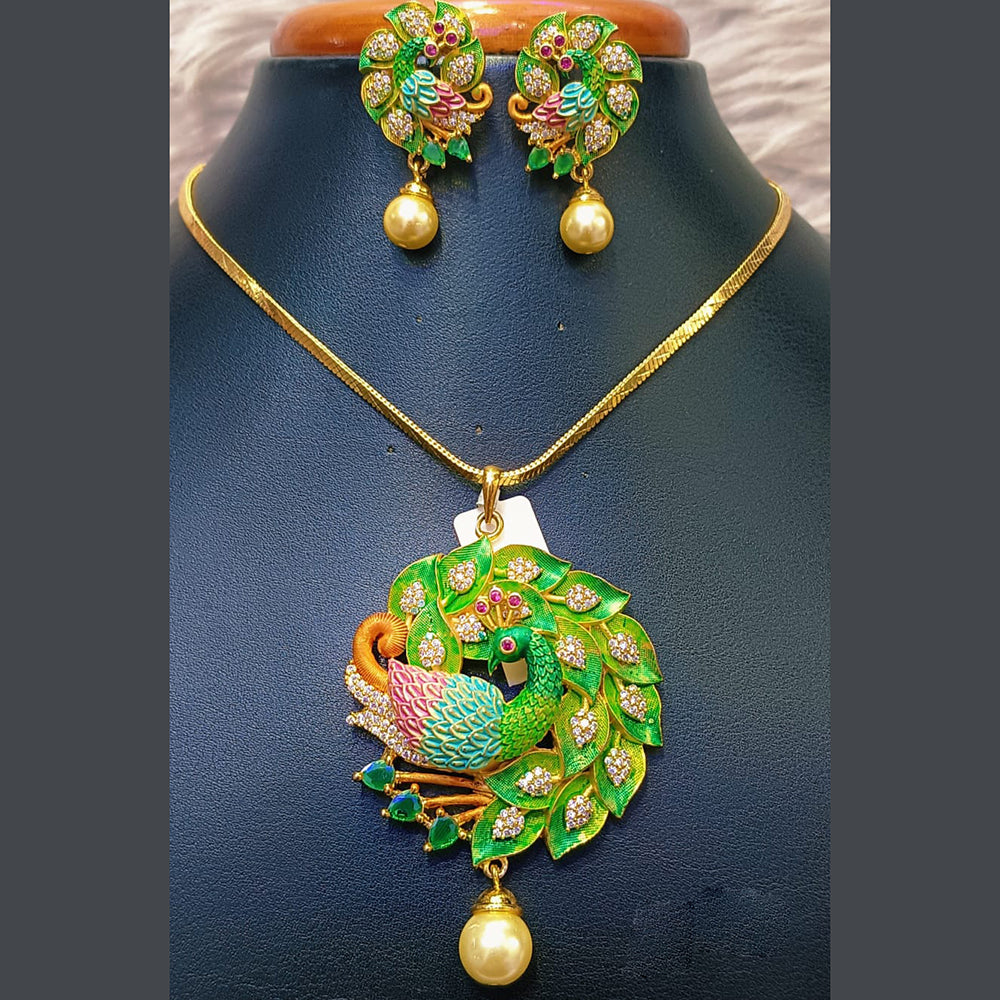 Jain Jewellers Gold Plated AD Stone And Meenakari Chain Pendant Set