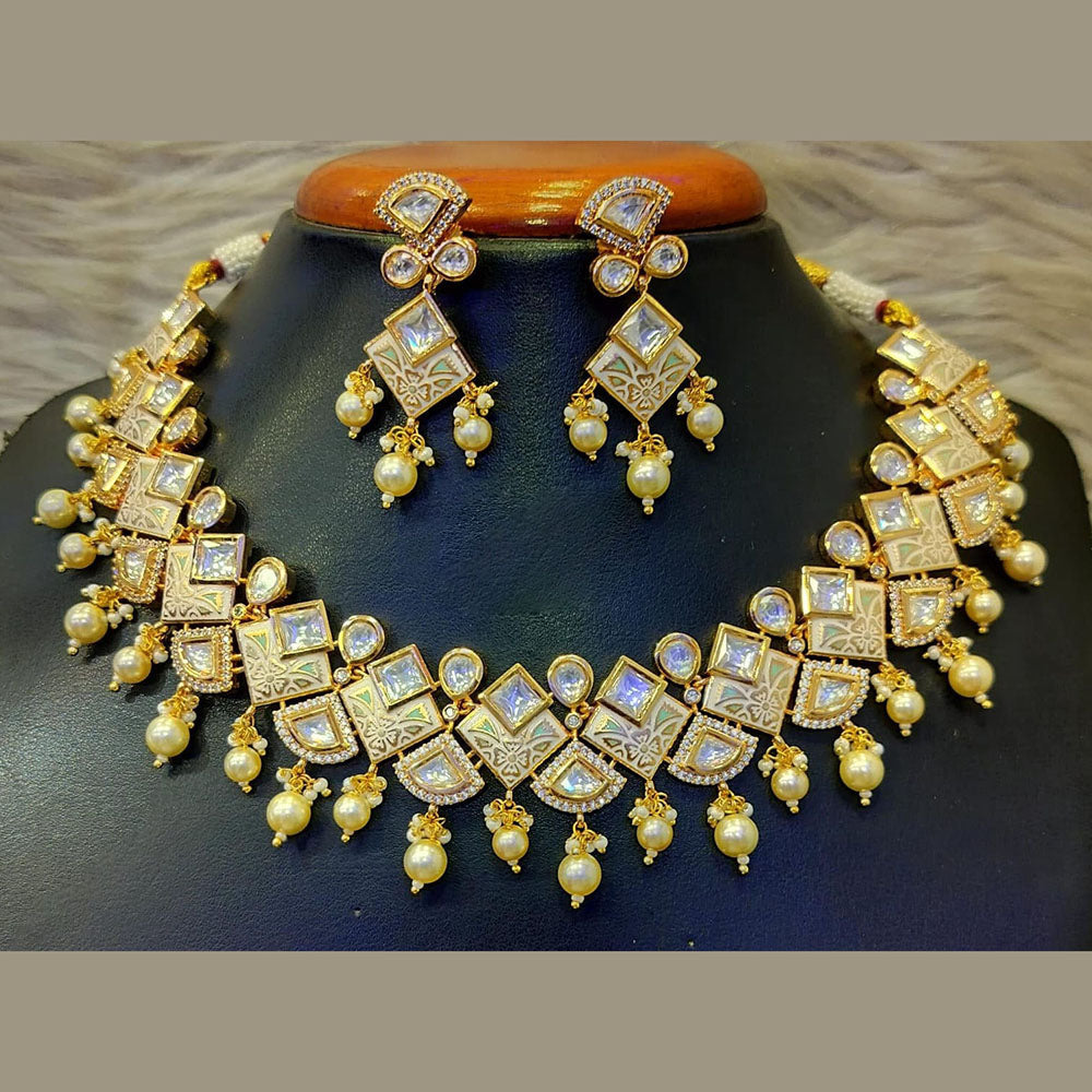 Jain Jewellers Gold Plated Polki Kundan Stone Meenakari Necklace Set
