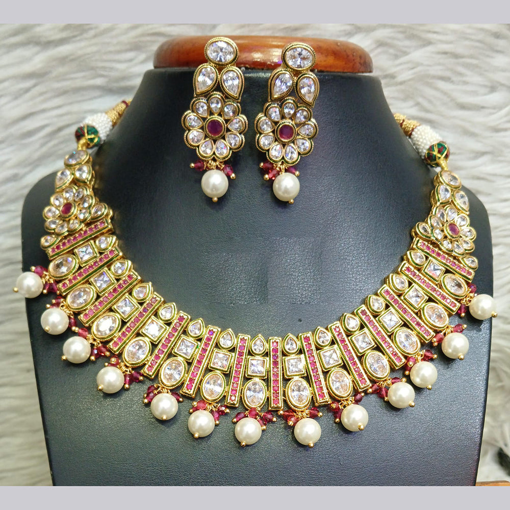 Jain Jewellers Gold Plated Crystal Stone And Pearls Necklace Set