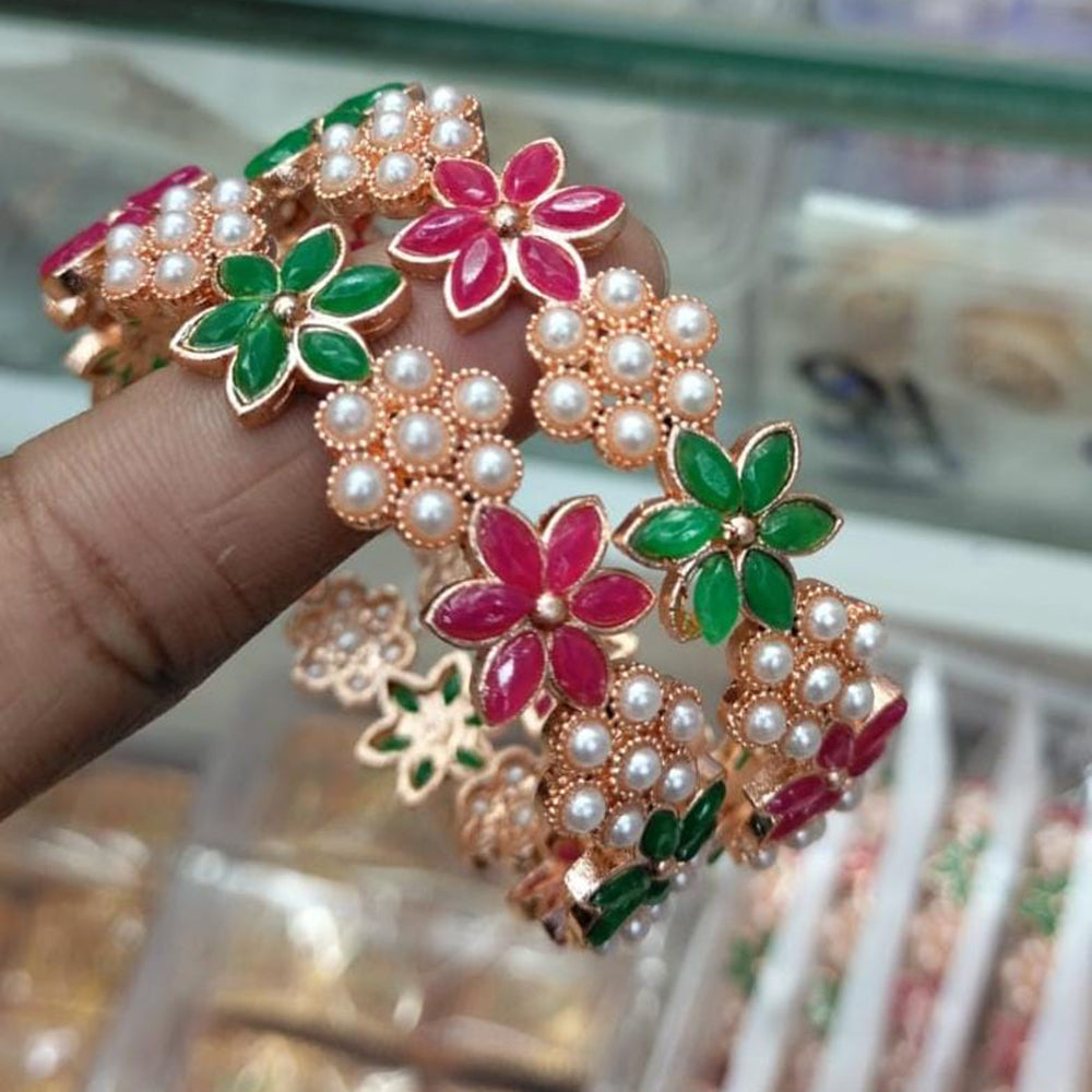 Kavita Art Rose Gold Plated Pota Stone And Pearl Bangles Set
