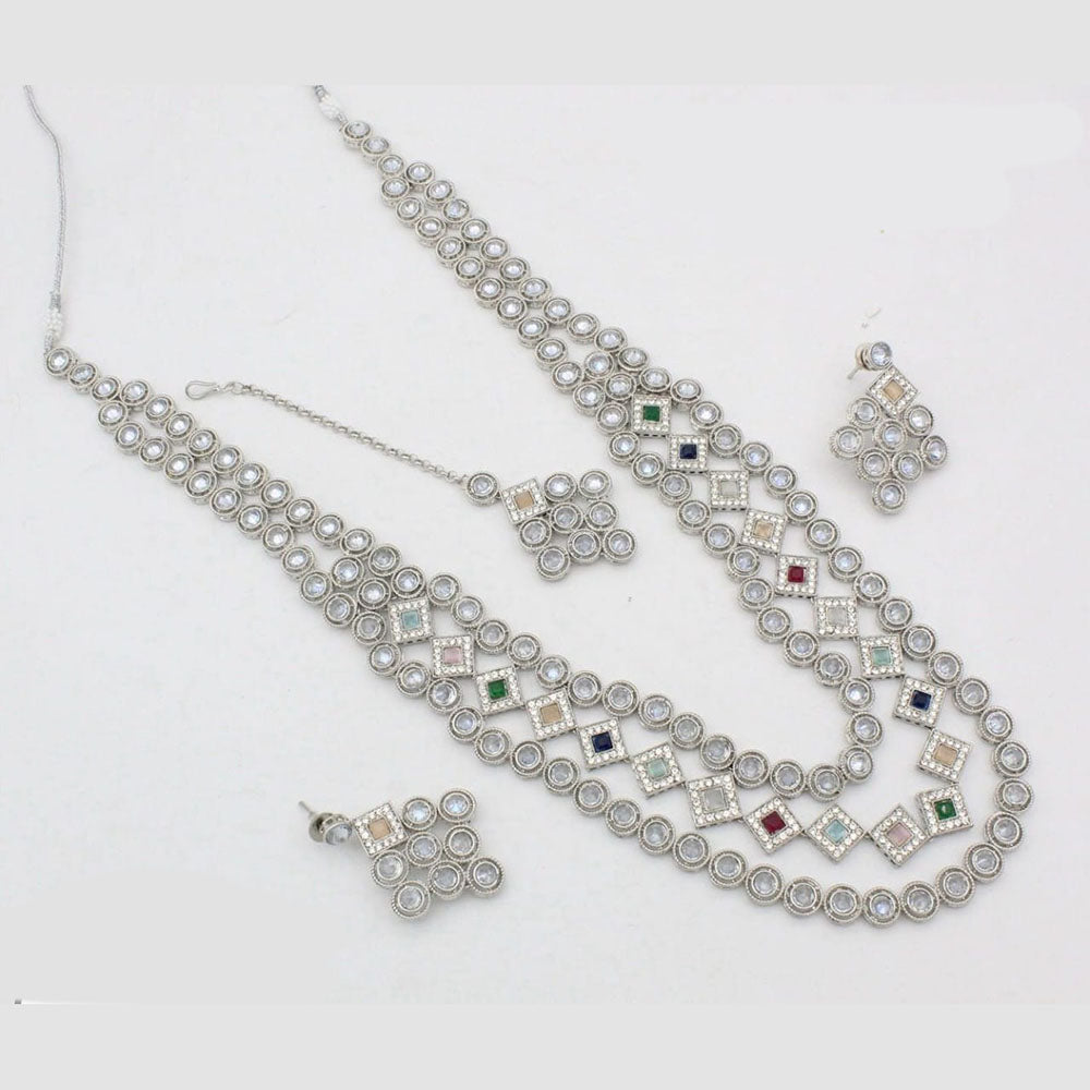 Kavita Art Silver Plated Crystal Stone  Multi Layer Long Necklace Set