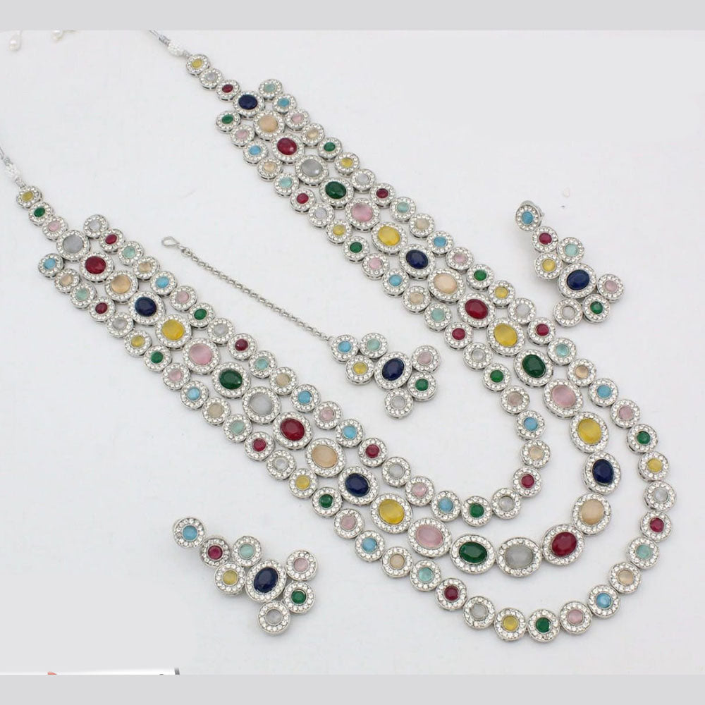 Kavita Art Silver Plated Crystal Stone  Multi Layer Long Necklace Set