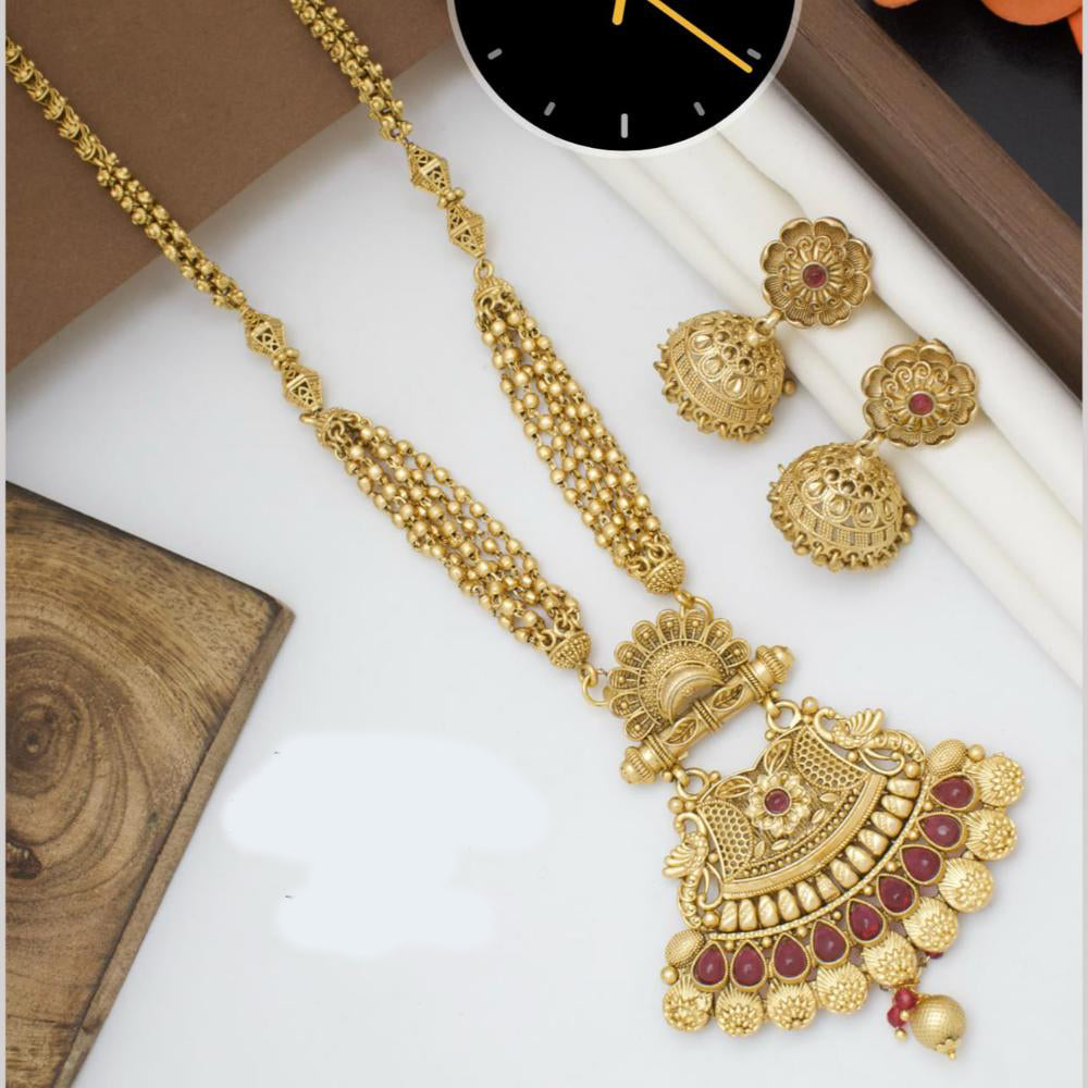 Kavita Art Gold Plated Pota Stone And Pearls Long Necklace Set