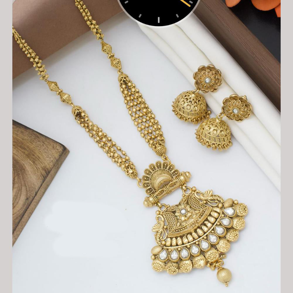 Kavita Art Gold Plated Pota Stone And Pearls Long Necklace Set