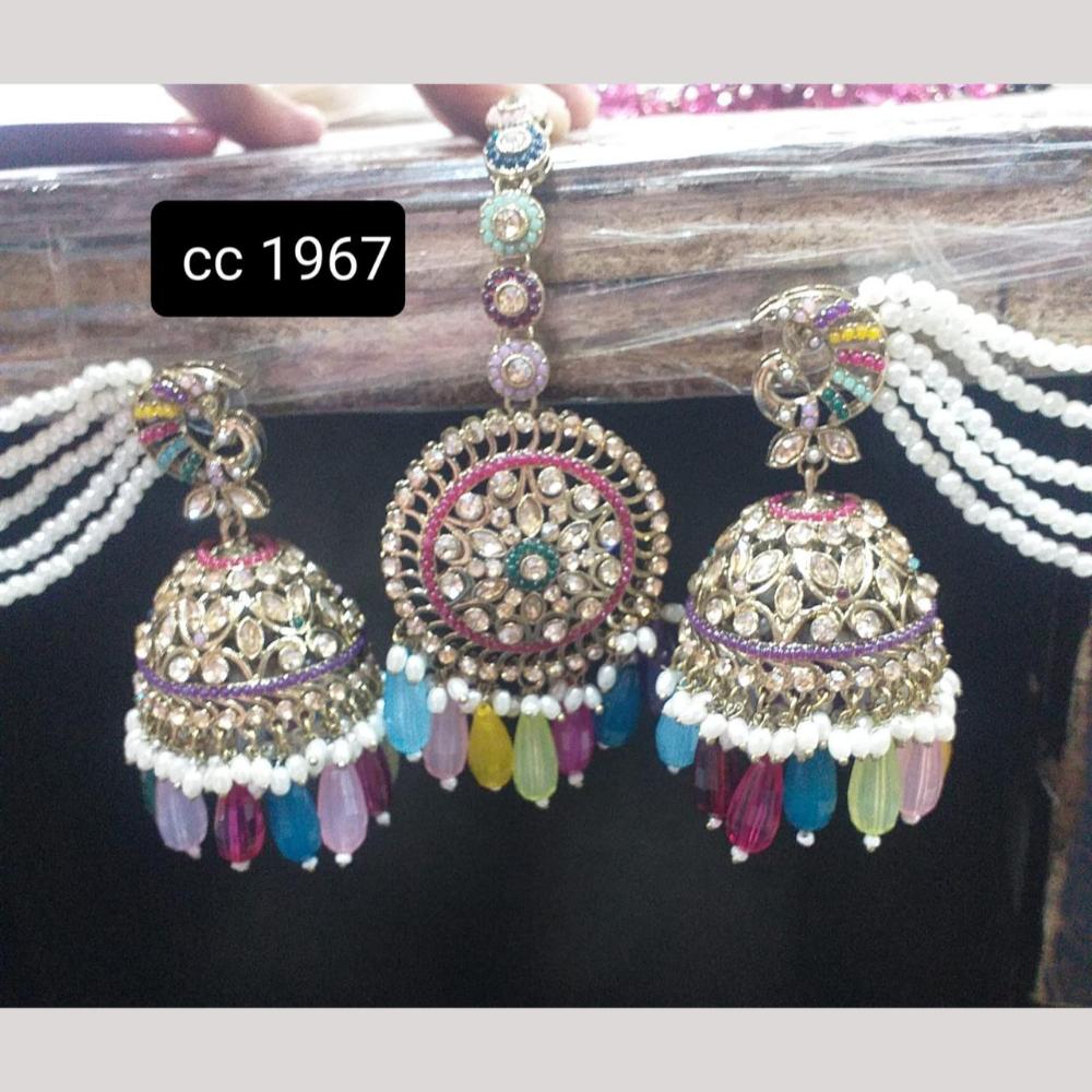 Kavita Art Gold Plated Crystal Stone And Beads Kan Chain Jhumki Earrings With Maangtikka