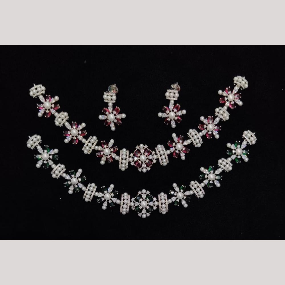 Kavita Art Silver Plated American Diamond And Pearl Necklace Set
