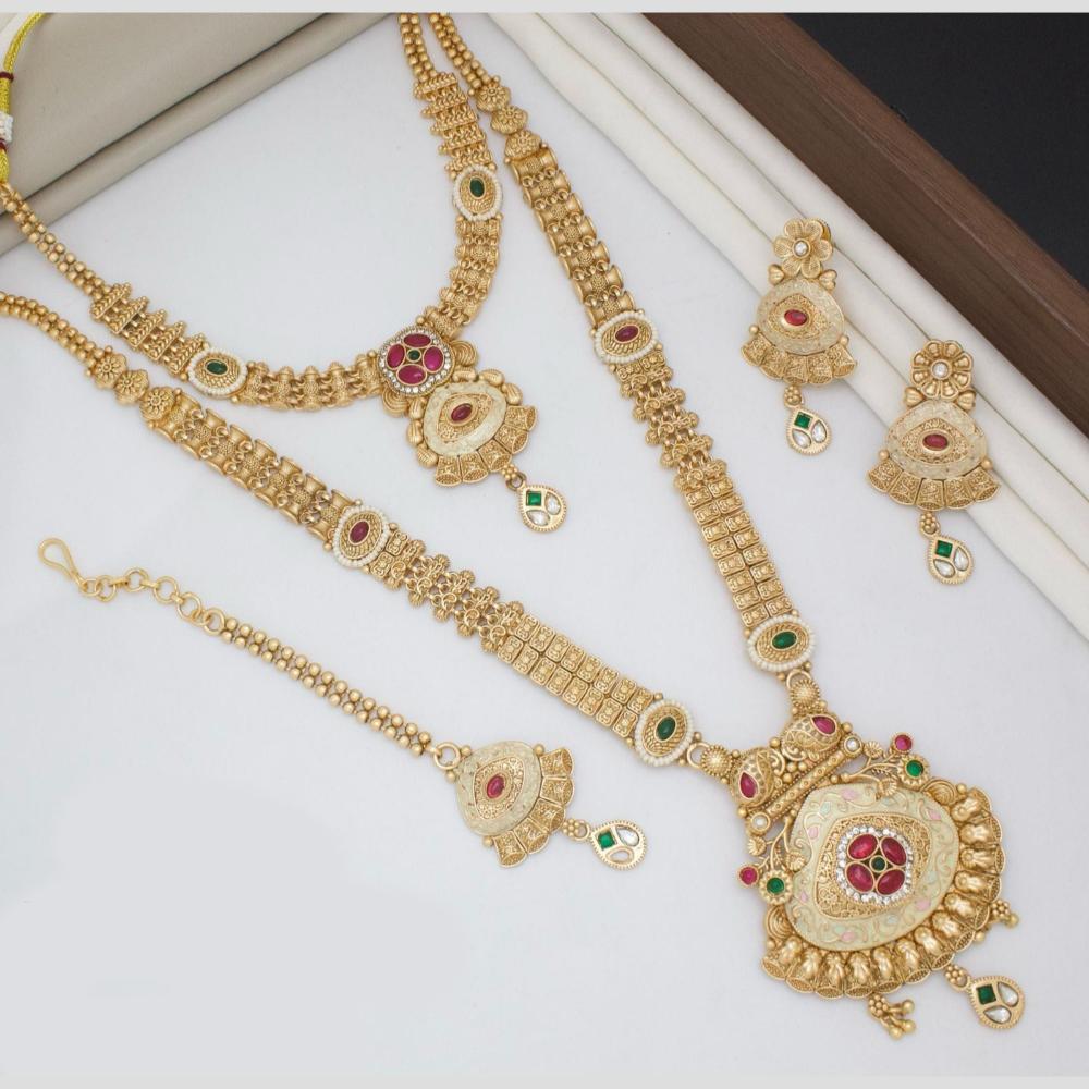 Kavita Art Gold Plated Pota Stone And Meenakari Double Necklace Set