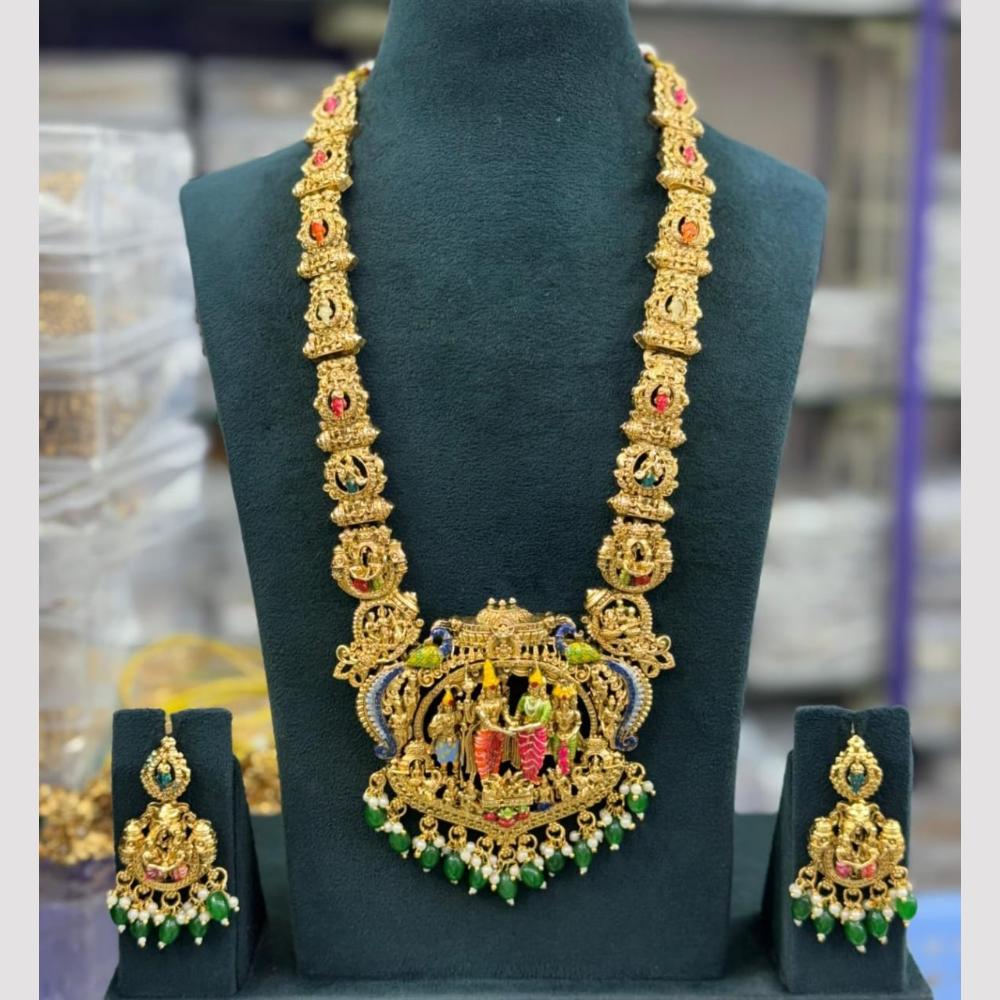 Kavita Art Premium Pota Stone And Pearl Temple Long Necklace Set