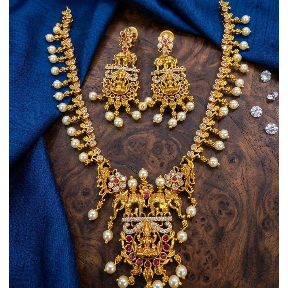 Kavita Art Premium Austrian & Pota Stone Temple Long Necklace Set