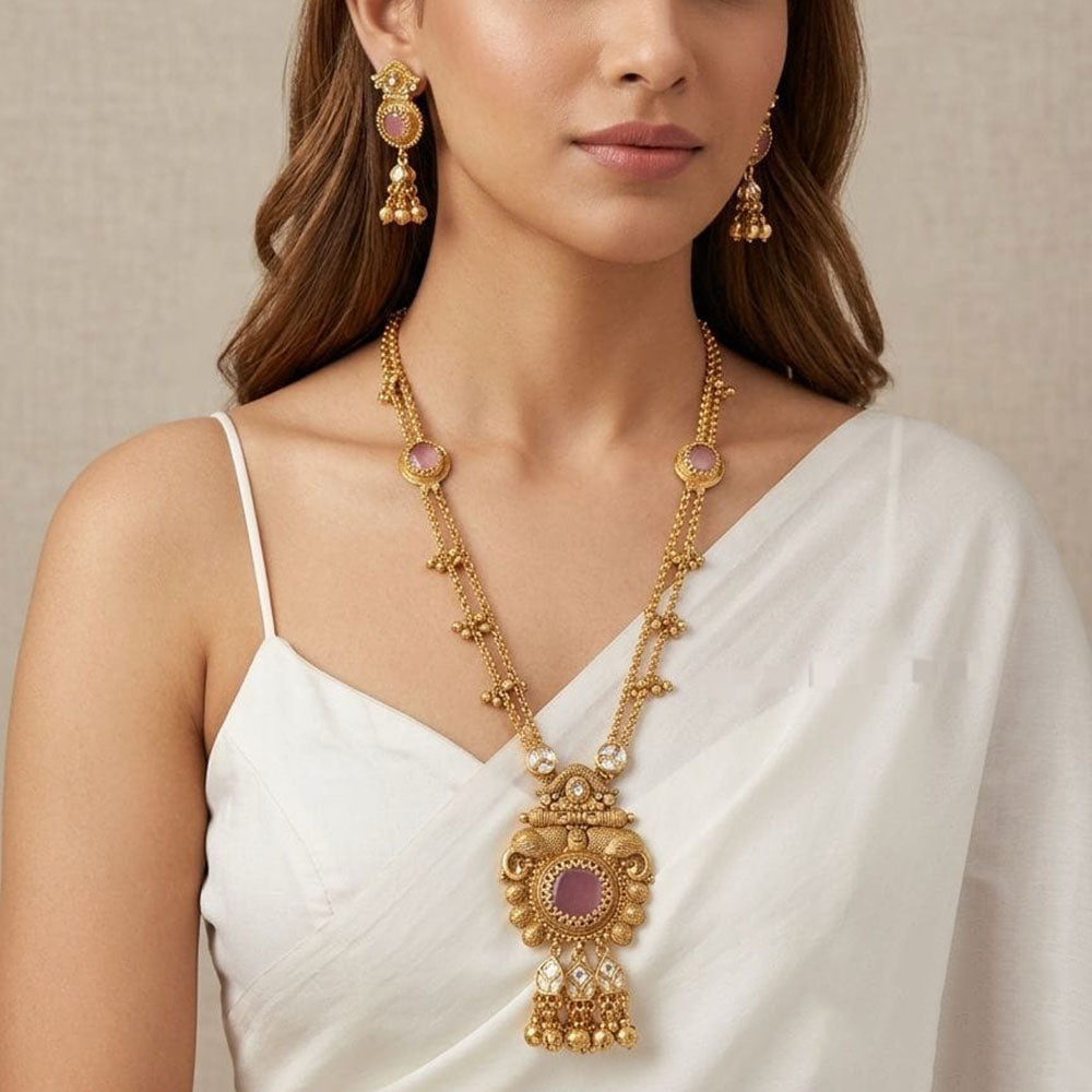 Kavita Art Elegant Pota Stone And Pearl Long Necklace Jewellery Set