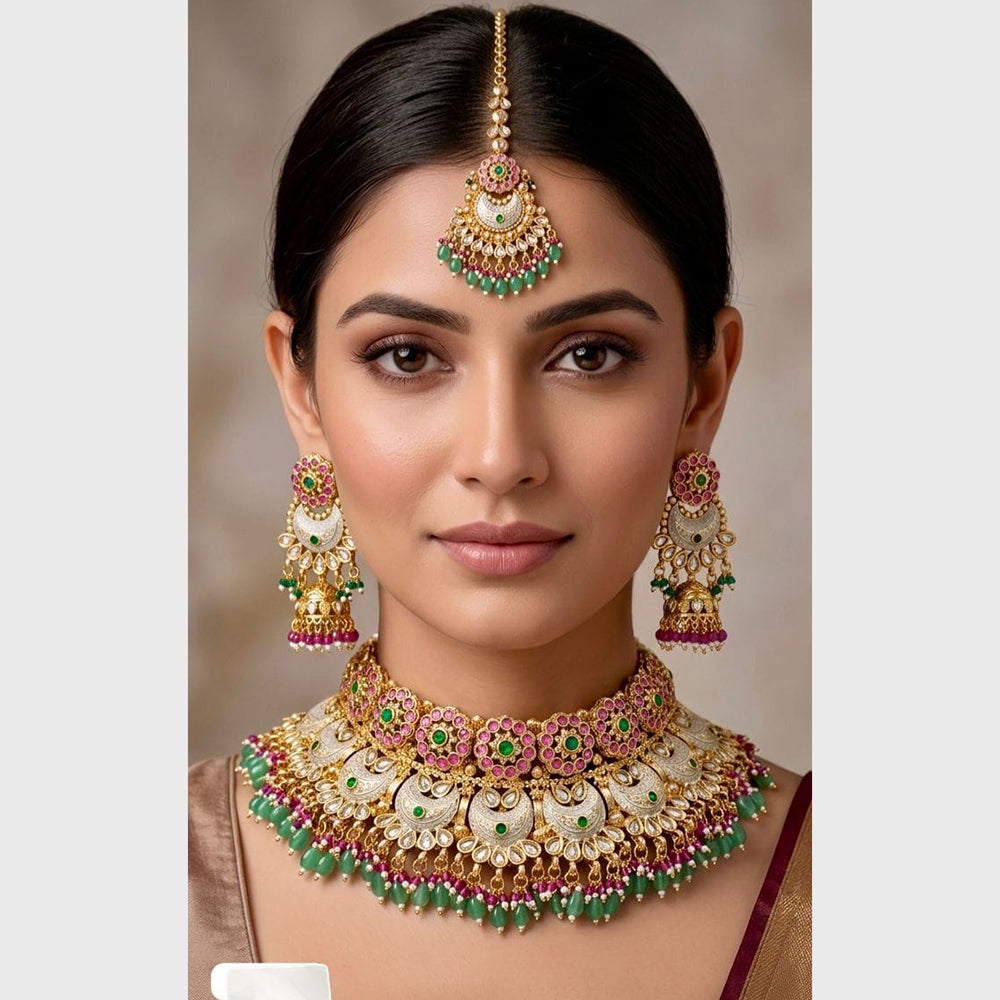 Kavita Art Beautiful Pota Stone And Pearl Meenakari Choker Necklace Set