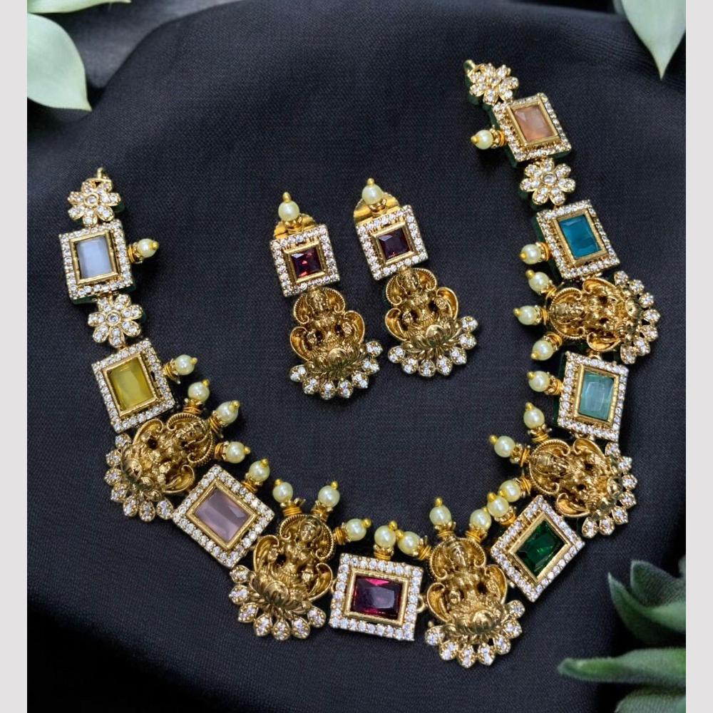 Sona Creation Gold Plated Austrian Stone And Pearls Temple Necklace Set