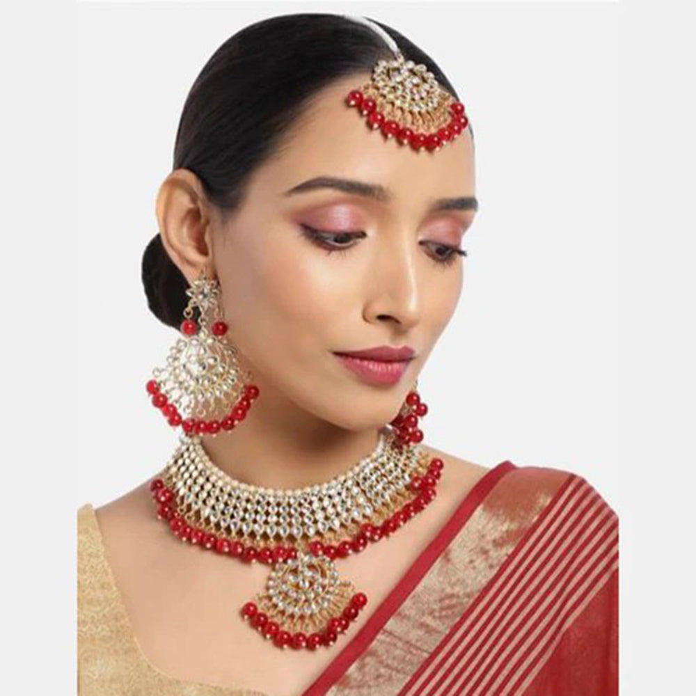 SNERA Gold Plated Kundan Stone And Beads Necklace Set