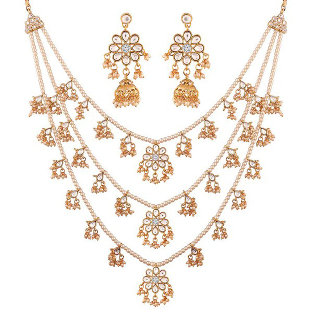 SNERA Gold Plated Kundan Stone And Pearl Necklace Set