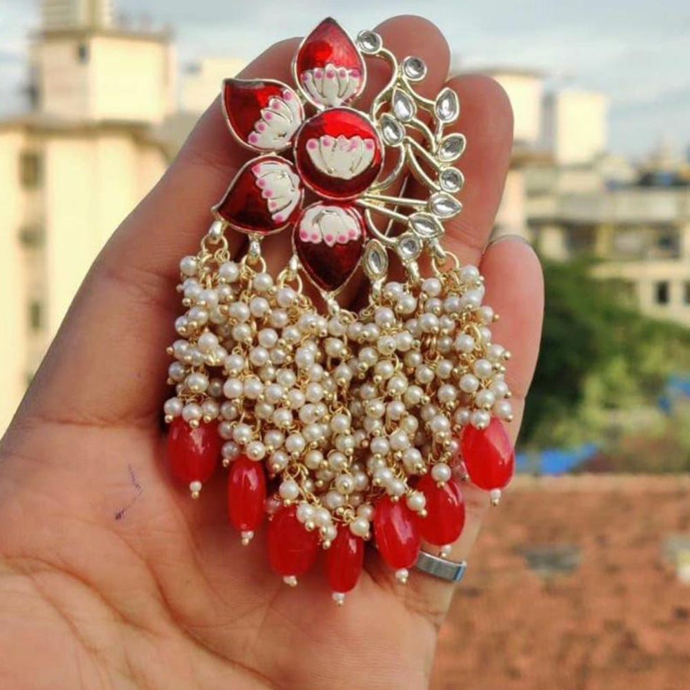 SNERA Gold Plated Kundan Stone And Beads Meenakari Dangler Earrings