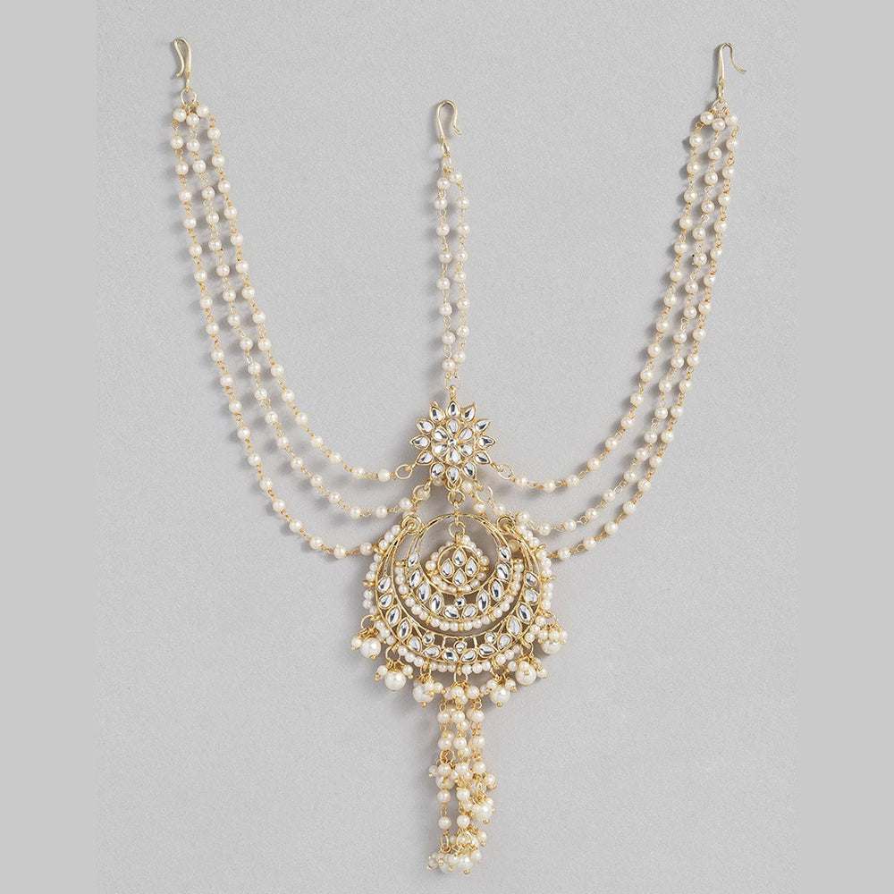 SNERA Gold Plated Kundan Stone And Pearls Sheeshphool with Mangtikka