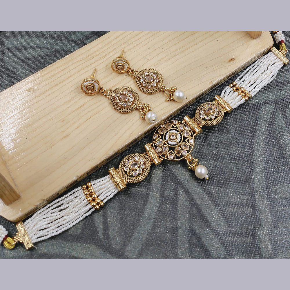 SNERA Gold Plated Crystal Stone And Pearls Choker Necklace Set