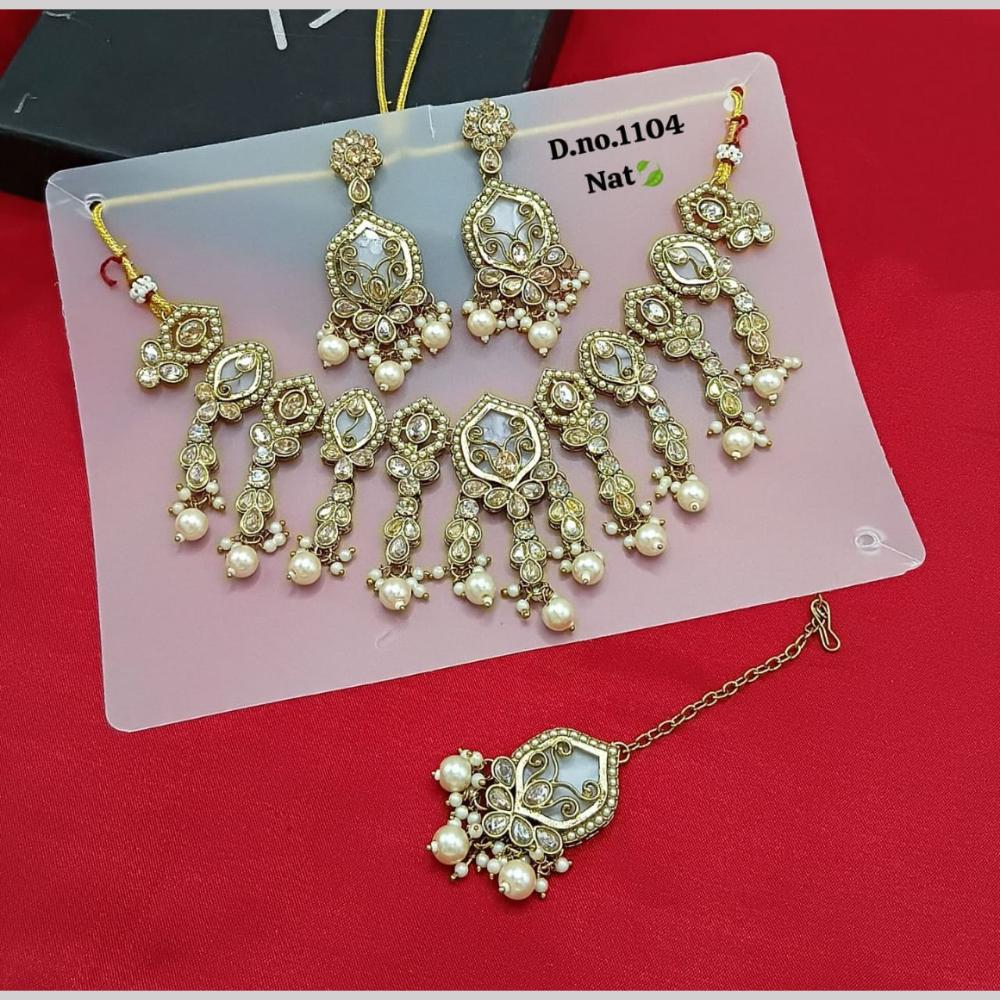 SNERA Gold Plated Crystal Stone And Pearls Necklace Set