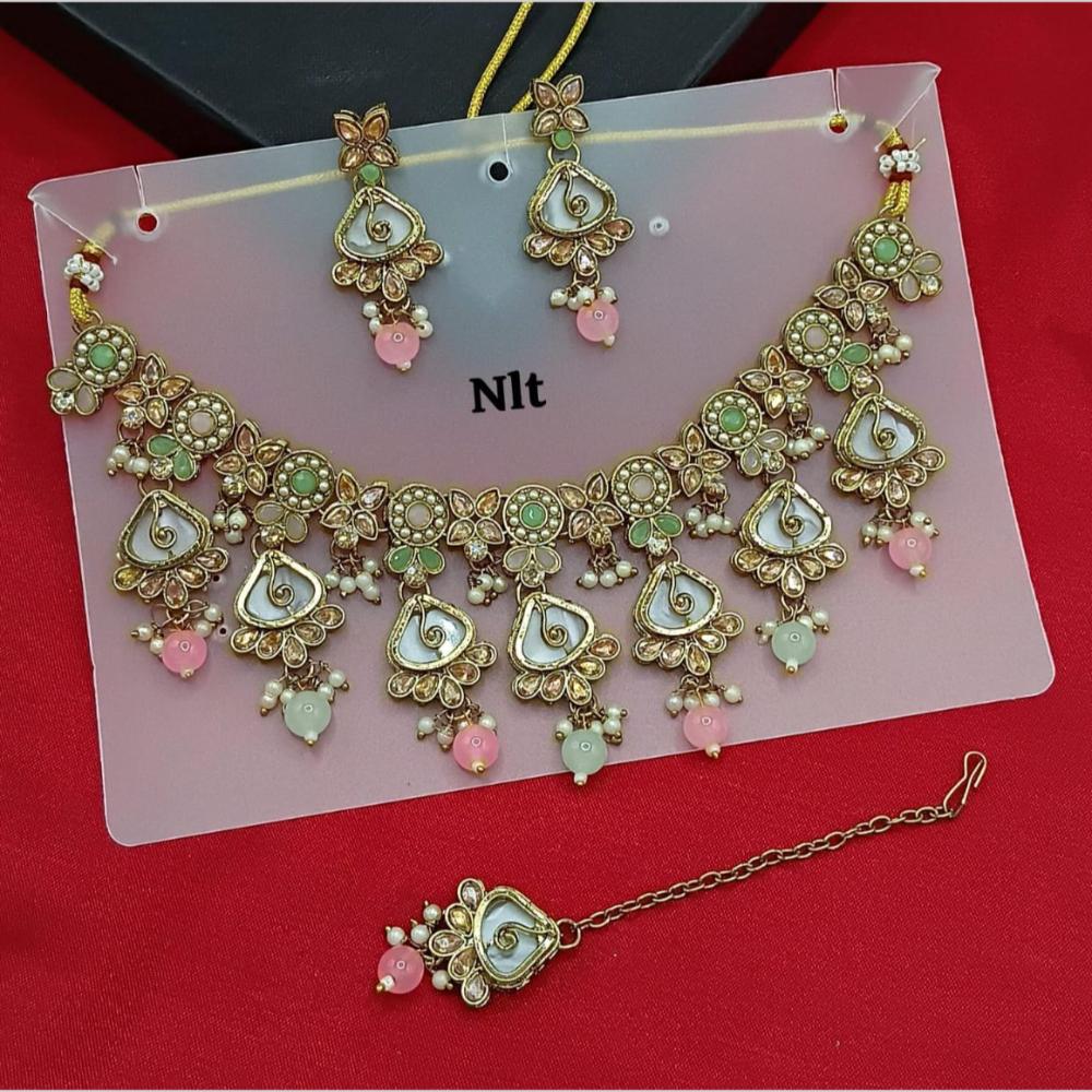 SNERA Gold Plated Crystal Stone And Pearls Necklace Set