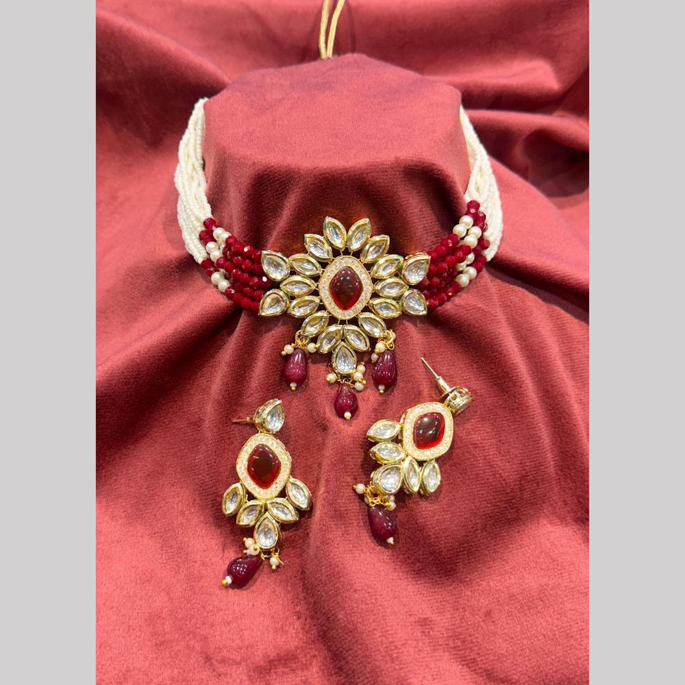SNERA Gold Plated Kundan Stone And Pearls Choker Necklace Set